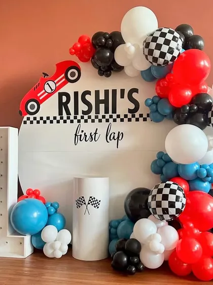 The full view of the racing-themed setup, showing how all the elements come together for a high-energy, fun-filled celebration.