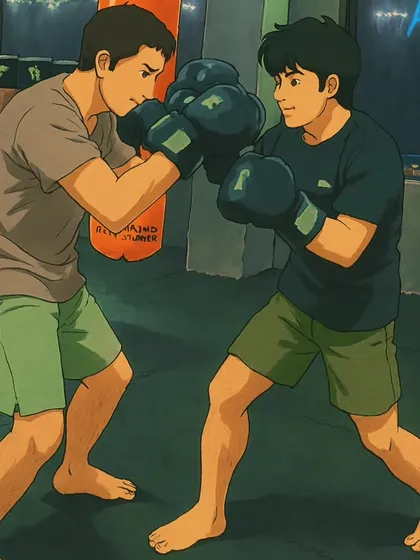An illustration of two fighters drilling boxing techniques. It captures the spirit of partnership and learning that defines our gym.