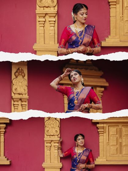 A creative collage of a bride's portraits with a torn-paper effect, set against a vibrant red and gold background.