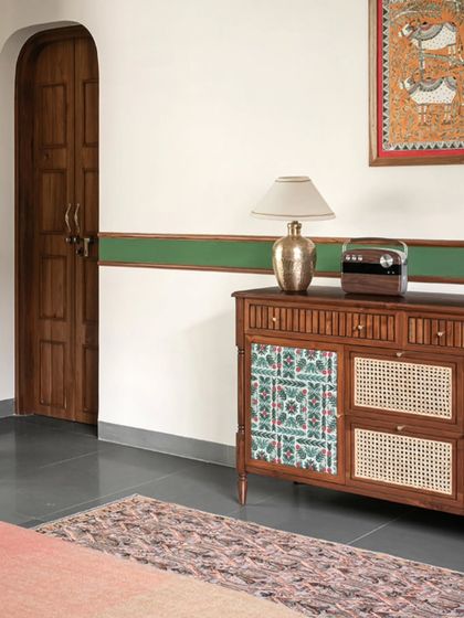 Furniture from The Artist's Residence, featuring our Avani Bed with a custom chevron headboard and the versatile Ramaniyam Console Unit. These pieces blend seamlessly into the artistic and eclectic vibe of the home.