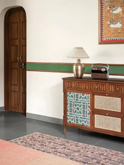 Furniture from The Artist's Residence, featuring our Avani Bed with a custom chevron headboard and the versatile Ramaniyam Console Unit. These pieces blend seamlessly into the artistic and eclectic vibe of the home.