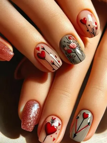 A beautiful Valentine's Day inspired design with a mix of glitter, solid colors, and hand-painted hearts and roses.