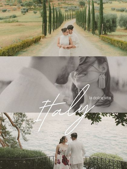 A collage celebrating pre-wedding shoots in Italy, "la dolce vita." It features scenes from a lush cypress-lined road, a close-up of a smiling bride, and a couple overlooking the sea.