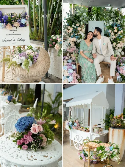 A collage from an intimate Roka ceremony. It showcases the pastel floral decor on the couple's seating, the welcome signage, elegant guest tables, and a beautifully styled snack cart.