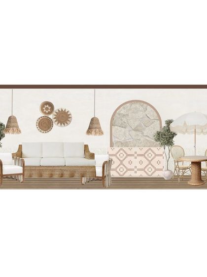A mood board for an outdoor patio space, with a concept centered around rattan furniture, woven textures, and a bohemian-inspired rug.