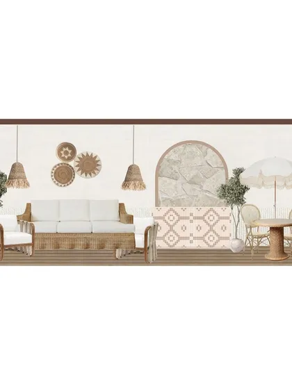 A mood board for an outdoor patio space, with a concept centered around rattan furniture, woven textures, and a bohemian-inspired rug.