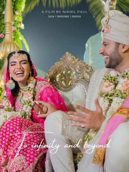 A movie-poster style image of the couple, with the tagline "To infinity and beyond." This captures a moment of pure joy and laughter, perfectly summarizing their love story.