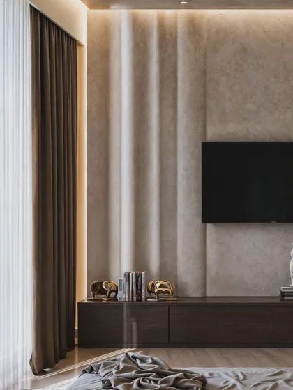 A master bedroom with a dramatic, textured TV wall. The render captures the play of light and shadow on the undulating surface.