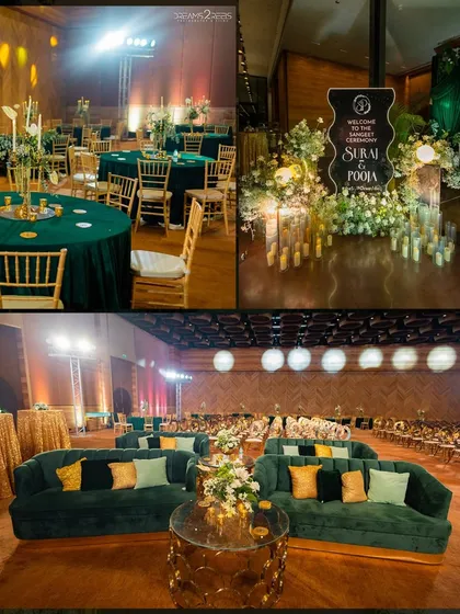 Details from the Sangeet night. We used tall, golden candelabras with white florals as centerpieces, set against deep emerald green tablecloths to create a look of pure opulence.