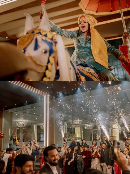 When the bride makes an entry that no one will ever forget. This moment from Samridhi's baraat was full of energy, excitement, and pyrotechnics.