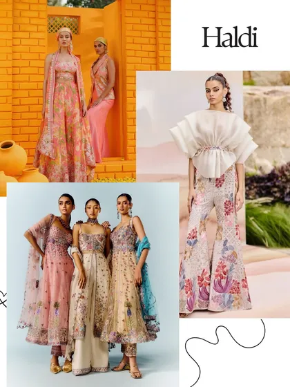 Haldi style inspiration for bridesmaids. This board features floral prints, sharara sets, and elegant ruffled tops, showcasing looks that are both festive and comfortable.