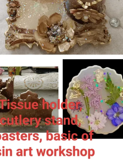 My basics of resin art workshop is perfect for beginners. You will learn to make a complete dining set, including a tissue holder, cutlery stand, and coasters.