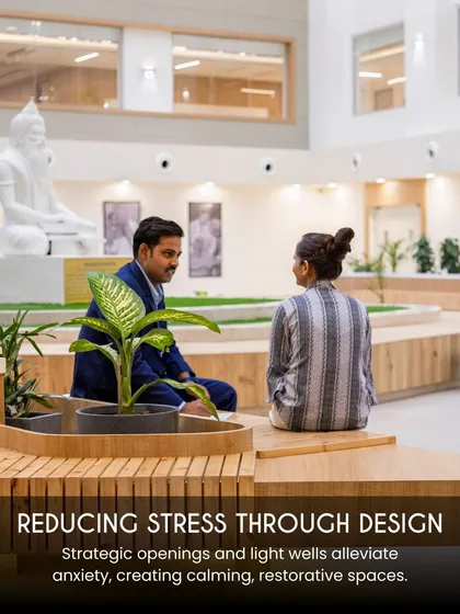 Strategic openings and light wells are key to reducing stress through design. This landscaped seating area in a hospital atrium provides a calming, restorative space that alleviates anxiety for patients and caregivers.