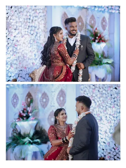 A lovely collage of the couple during their garland exchange ceremony. Their happy, smiling faces show the joy of the moment.