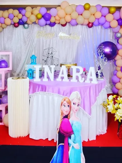 A full view of a Frozen-themed party for Inaya. We managed everything from the tent and stage setup to the decor, ensuring a complete and cohesive event.