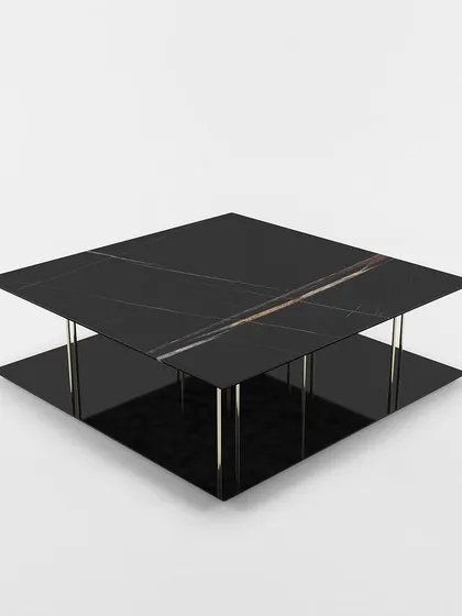 This angle showcases the "floating" effect of the top tier, supported by slender golden rods, which gives the table a light and sophisticated feel.