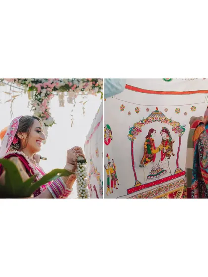 A close-up of the 'antarpat' cloth used in the wedding ceremony, which was personalized with a beautiful illustration of the bride and groom. A truly unique and thoughtful detail.