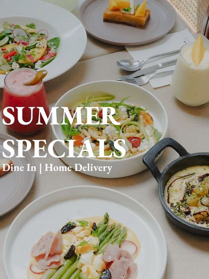 An overview of our Summer Specials menu, available for both dine-in and home delivery. The spread includes our mango salad, asparagus dish, melted brie with grapes, and fresh pasta.