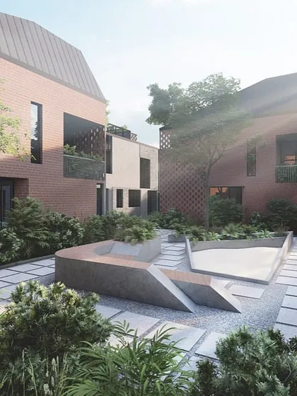 This communal courtyard within the Kolgaon Masterplan is designed as a social hub for the community. We combined sculptural seating, lush planting, and open space to create an inviting pocket park that encourages interaction and provides a shared natural retreat for residents.