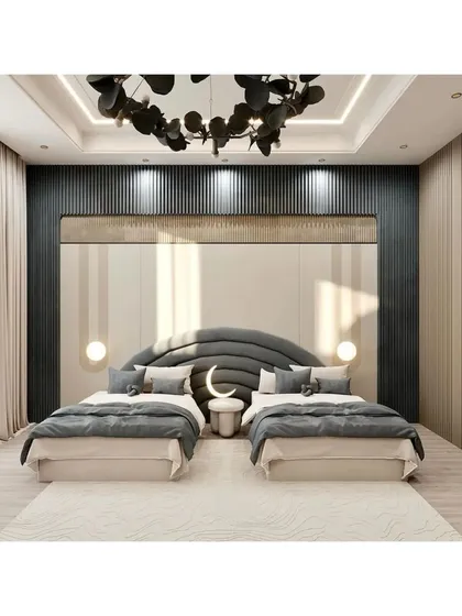 A sophisticated shared kids' room with two separate beds under a beautifully designed ceiling with a modern floral chandelier. The symmetrical layout provides each child with their own personal space.