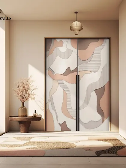 These hand-crafted wardrobe panels feature an abstract, flowing design in soft, earthy tones. The use of different textures and layered materials seamlessly blends traditional craftsmanship with a modern aesthetic.