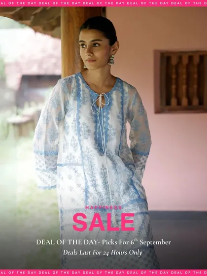 Another "Deal of the Day" from a past sale. This is your chance to see the kinds of styles that get featured, like this breezy blue and white printed kurta.