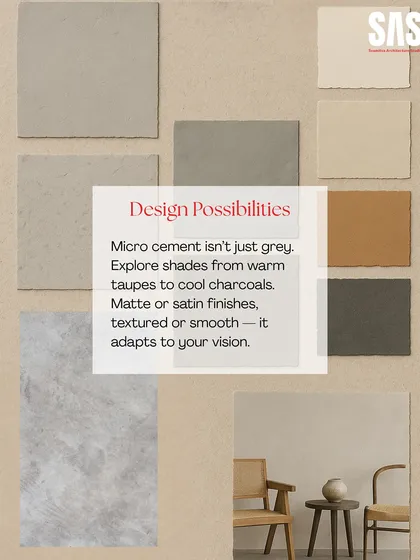 Micro cement offers a wide range of design possibilities beyond just grey. This palette shows some of the custom shades and textures available, from warm taupes to cool charcoals, allowing me to tailor the finish to any design vision.