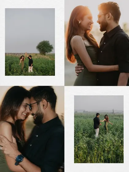 This collage captures the warm, golden hour light during a pre-wedding shoot in a lush green field. It shows a mix of playful, wide shots and intimate, close-up portraits, showcasing the couple's love story.