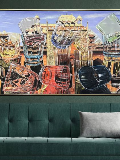 This striking hand-painted piece, 'Architectural Illusion', seamlessly blends the delicate beauty of glassware with the grandeur of classical architecture. It's a unique and thought-provoking work of art.