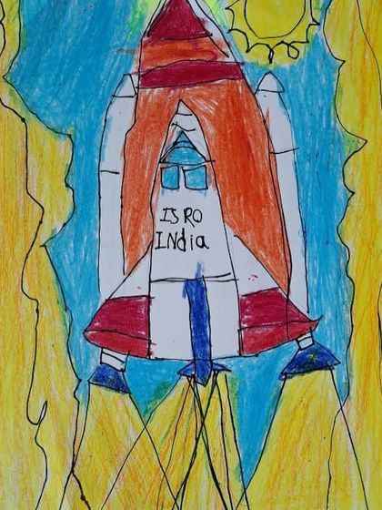 This drawing of an ISRO rocket shows a child's interpretation of a major national achievement, connecting art to the world around them.