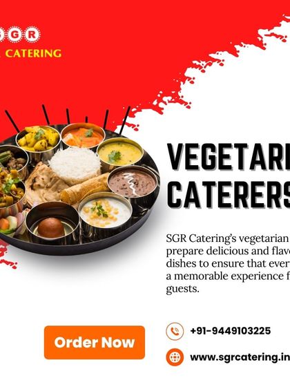 Our vegetarian caterers prepare delicious and flavorful dishes to ensure that every meal is a memorable experience. This image shows a complete thali with a variety of dishes.