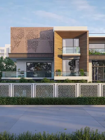 Another "on screen" render of the same luxury home, showing a direct frontal view. This visualization helps in finalizing the facade details, color palette, and boundary wall design.