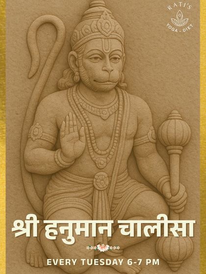 Our announcement for the weekly Shri Hanuman Chalisa chanting. The image of Lord Hanuman represents strength, devotion, and courage, energies we invoke during this powerful one-hour session.
