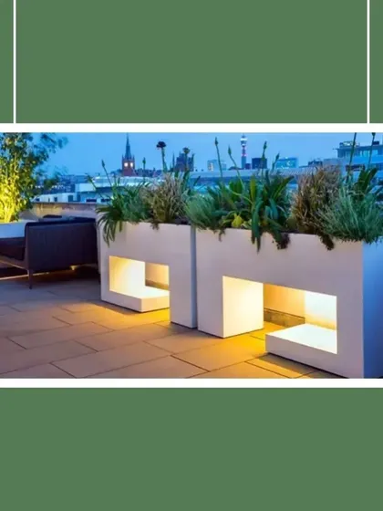 Planters with built-in lighting are one of our most popular items. These large, block-style planters feature illuminated cutouts that cast a soft, ambient light, adding both greenery and a warm glow to your terrace after dark.