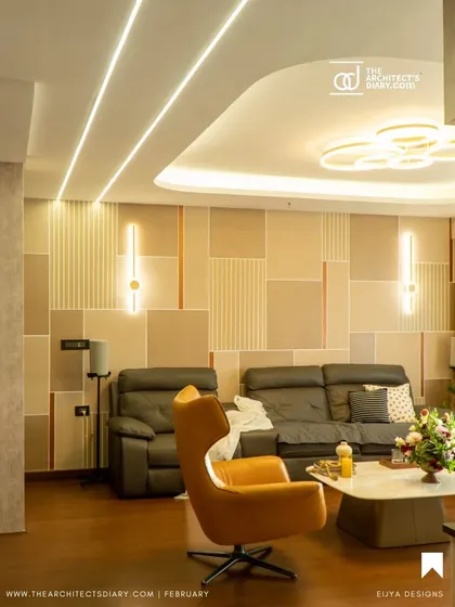Inspired by Korean minimalism, this living and dining area uses a calm, neutral palette with clean lines and geometric patterns on the wall. The focus is on creating a serene and uncluttered environment with sophisticated lighting.