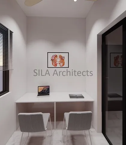 A small study or workspace within the hospital design, providing a quiet area for doctors or staff.
