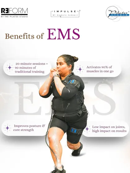 This graphic breaks down the core benefits of EMS training. In just one 20 minute session, you activate 90% of your muscles, improve posture, and get high impact results with a low impact workout. It's the science of smart fitness.
