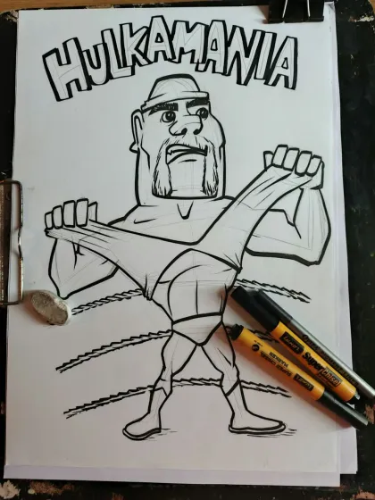 The next step is inking. Here, I've gone over the pencil sketch with bold black markers to create clean, strong lines for the Hulk Hogan piece.
