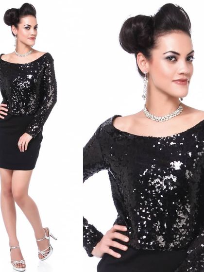 A model in a black sequined top and skirt, showcasing party wear with a focus on texture and shine for online catalogs.