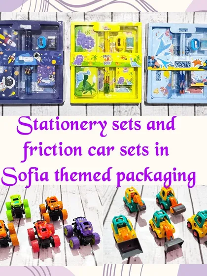For a Sofia the First party with kids of different ages, I provided themed stationery sets for the older kids and friction cars for the toddlers.