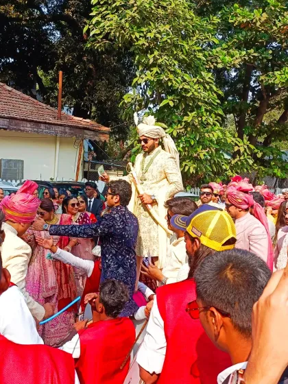 The groom's grand baraat arrival, a high-energy start to a day that will culminate in a beautiful musical wedding ceremony.