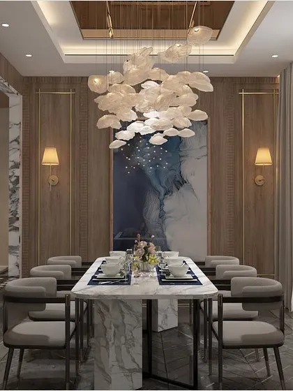 This angle shows the dining room's connection to the rest of the home. The wood paneling and gallery wall are reflected in a mirrored surface, adding depth and complexity to the design.