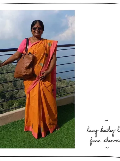 Pavithra from Chennai looking graceful in a saree with her Lazy Bailey in Honey Almond. Our bags are designed to complement every style.