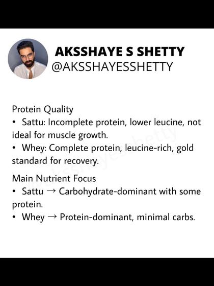 While sattu is a nutritious snack, it cannot replace whey protein for muscle building. Whey is a complete, protein-dominant source ideal for post-workout recovery, whereas sattu is a carbohydrate-dominant food with some protein.