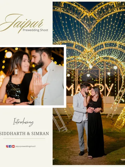An introductory image for Siddharth and Simran, showcasing their joy and the beautiful, elaborate light setup of their proposal shoot.