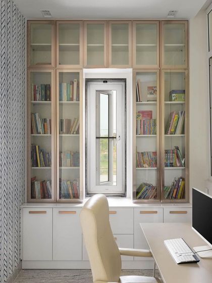 Study Nook Visualization: This series shows the transition from a 3D design of a compact study to the finished, installed space. The design prioritized maximizing storage with floor-to-ceiling glass cabinets and creating a comfortable, ergonomic workspace.