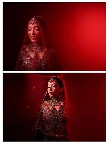 More artistic shots from our red bridal look. The dramatic lighting emphasizes the contour and highlight, showing how the makeup can be adapted for high-fashion and editorial-style wedding photography.