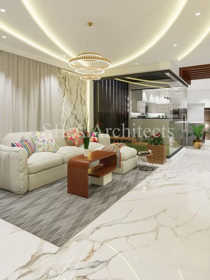 This render highlights the open-concept layout, connecting the living, dining, and kitchen areas with consistent flooring and a sophisticated color palette.