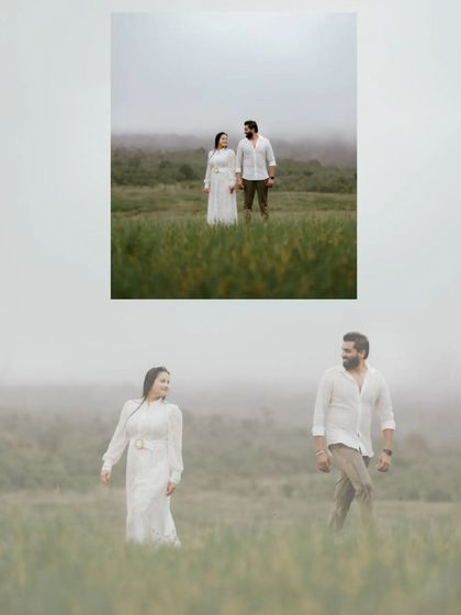 A creative collage that uses layering to convey the misty, rainy atmosphere of this romantic outdoor shoot.