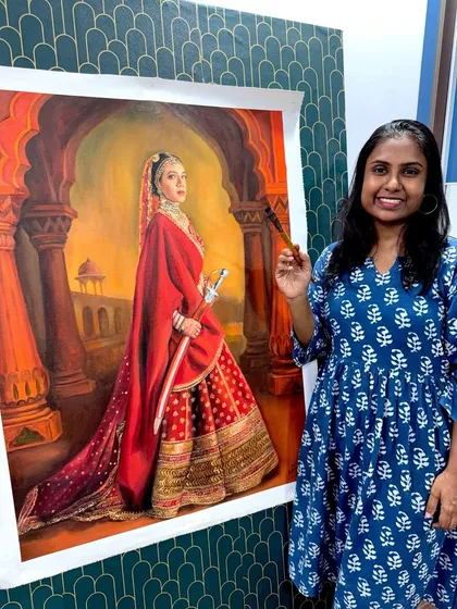 Here I am with the finished 30x40 inch royal portrait. Holding a completed piece that I've poured my heart into is one of the best feelings. It gives you an idea of the scale and impact these large custom artworks can have.